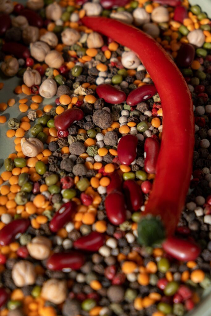 Colorful close-up of raw spices and legumes with a vibrant red chili pepper.